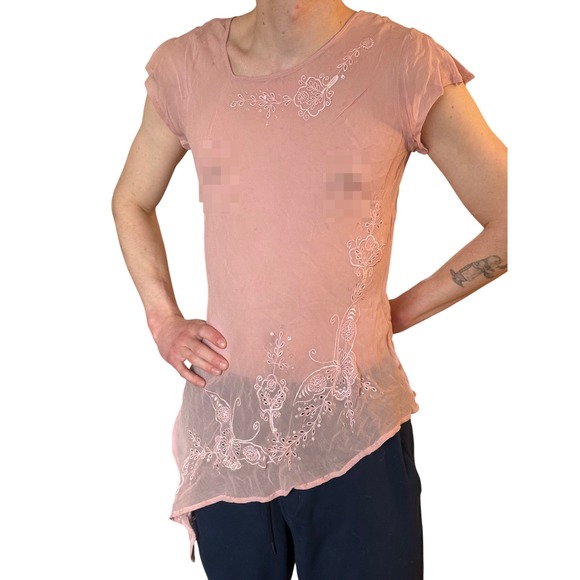 Passport Tops - Passport Y2K Pink Sheer Asymmetrical Top‎